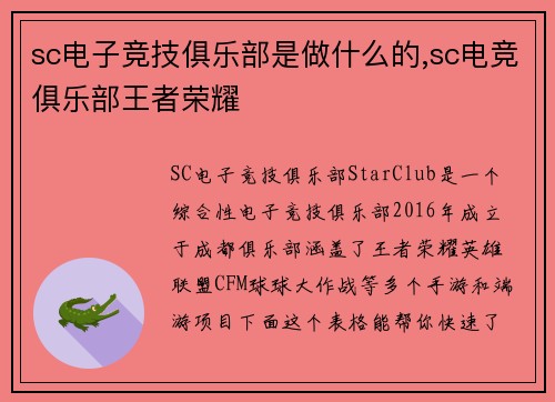 sc电子竞技俱乐部是做什么的,sc电竞俱乐部王者荣耀